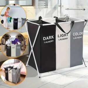 3 Grids Laundry Basket Foldable Dirty Clothes Organizer Bathroom